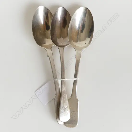 3 ASST STG SILVER DESSERT SPOONS. LOND. 1863 & 1824, 122GMS 