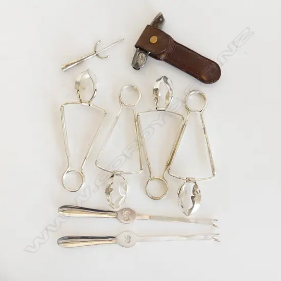 4 FRENCH EP ESCARGOT HOLDERS/2 EP LOBSTER PICKS/'IDEAL CORK DRAWER'/MEXICAN SILVER TRIDENT