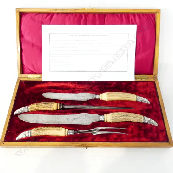 4 PCE HORN & STG SILVER CARVING SET, SHEFFIELD LATE 19thC, CASED 455x215mm
