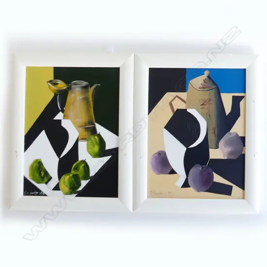 2 MARGARET BONNINGTON, CONTEMPORARY ABSTRACT STILL LIFE, OIL ON CANVAS, SIGNED, 395 X 285mm