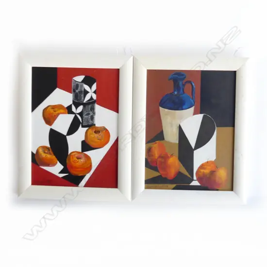 2 MARGARET BONNINGTON, CONTEMPORARY ABSTRACT STILL LIFE, OIL ON CANVAS, SIGNED, 395 X 285mm