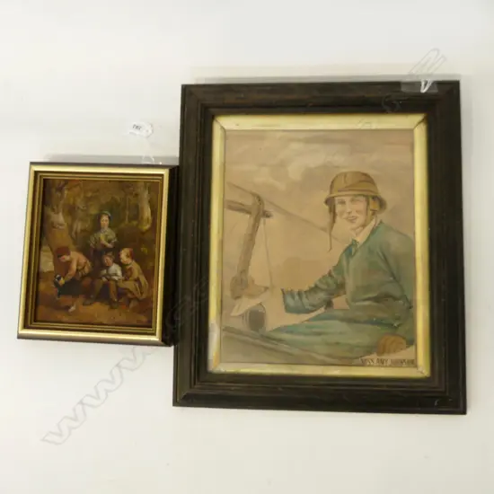 VINTAGE PAINTING 'MISS AMY JOHNSON' UNSIGNED (215x265mm) + SM 20TH C. OIL ON BOARD 'CHILDREN CHRISTENING PUPPY 140X165mm