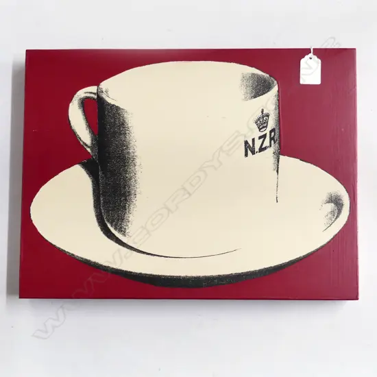 RUDOLF BOELEE 'NZR TEA CUP' SCREEN PRINT & ACRYLIC ON BOARD (RED)