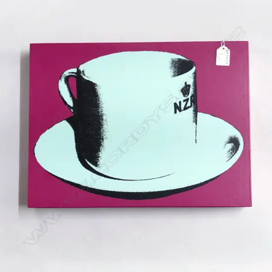 RUDOLF BOELEE 'NZR TEA CUP' SCREEN PRINT & ACRYLIC ON BOARD (PURPLE)