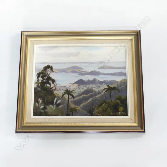 LESLIE A. CAMPBELL (b.1925) VIEW OF COROMANDEL, OIL ON BOARD 345x445mm