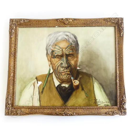 OLD C.F. GOLDIE PRINT of Te Aho o Te Rangi Wharepu later overpainted