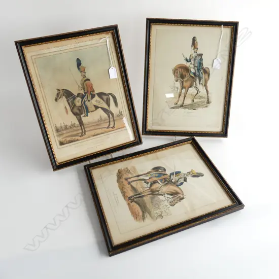 3 HAND COLOURED PRINTS; 19thC SOLDIERS ON HORSEBACK 330x240mm
