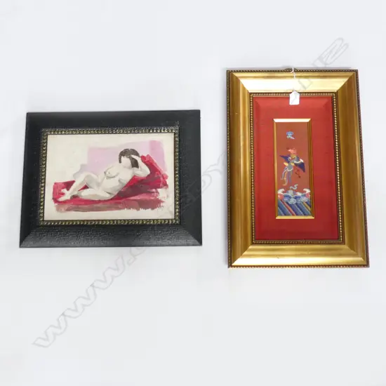 2 ARTWORKS; ORIENTAL EMBROIDERY 250x85mm, SIGNED NUDE ACRYLIC ON BOARD 230x340mm