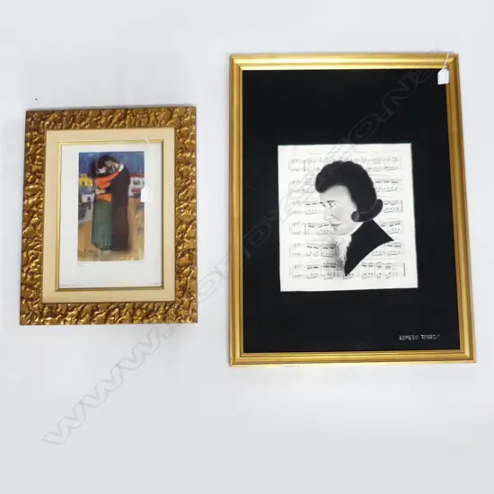 2 ARTWORKS; ROMERO TORREA CLASSICAL MUSICIAN DRAWING 665x490mm, PICASSO PRINT GILT FRAME 505x405mm overall