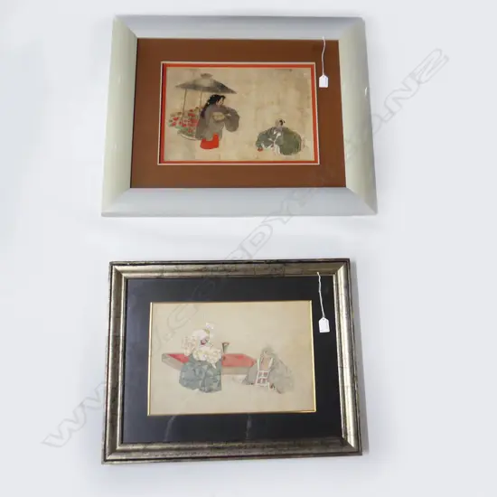 2 FRAMED ORIENTAL PRINTS; both w. 2 actor figures 280x410mm