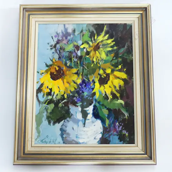 GASTON DE VEL (1924-2010) SUNFLOWERS STILL LIFE OIL ON CANVAS, '86 490x390mm