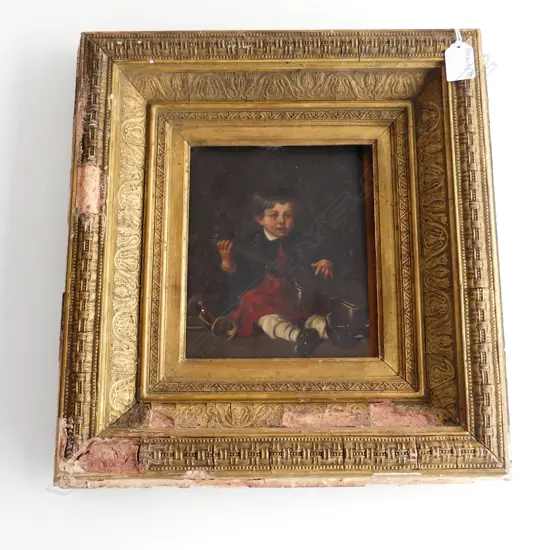 SIGNED ANTIQUE PORTRAIT OF YOUNG BOY, OIL ON METAL, GILT FRAME w. LOSSES 190x165mm