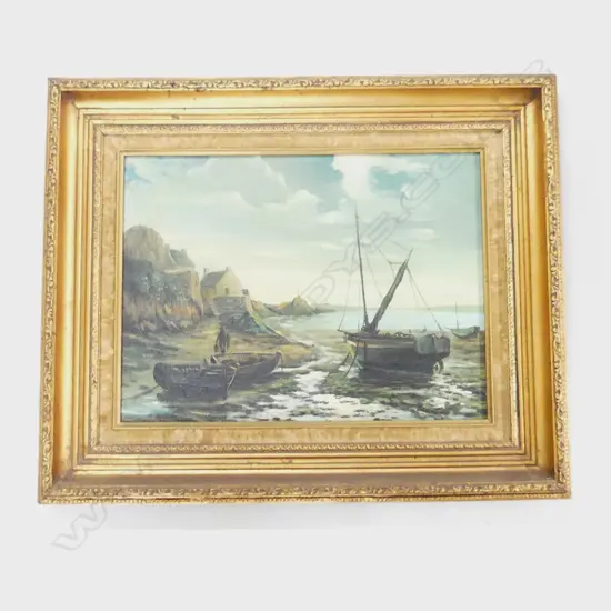 FRAMED OIL ON CANVAS EUROPEAN SCHOOL FISHING VILLAGE 310 X 390 MM