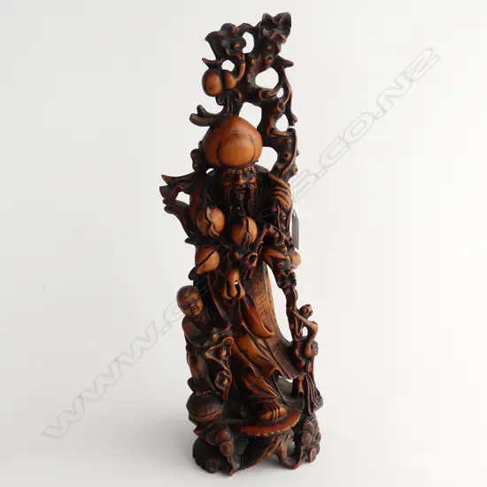 VINTAGE CARVED WOODEN ORIENTAL FIGURE; OLD MAN w. CHILD H.405mm