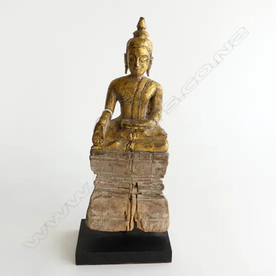 CARVED WOODEN BUDDHA, GOLD GILDED, ON BASE H. 350mm