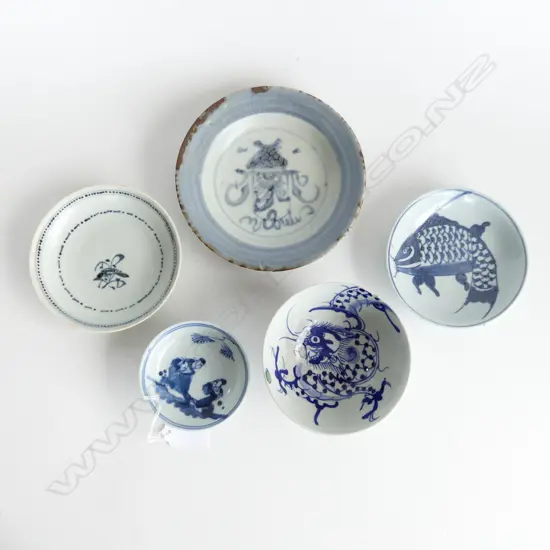 5 CHINESE DISHES; 2x TEK SING CARGO 155mm dia, FISH DISH, WISEMEN & DRAGON BOWL 110mm dia