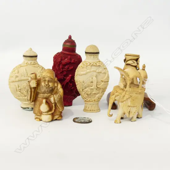 3 ORIENTAL RESIN SNUFF BOTTLES, 3 PCES CARVED IVORY, BAMBOO NETSUKE, OLD MAN, ELEPHANT H.75mm