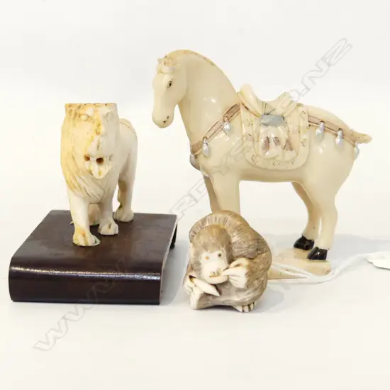 NETSUKE MONKEY + IVORY LION + RESIN HORSE H.80mm