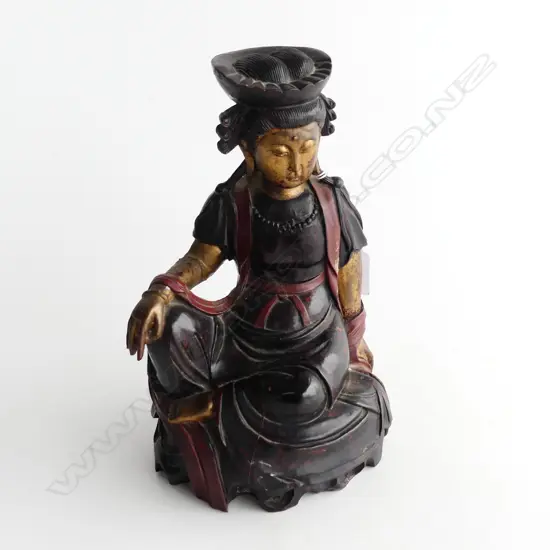 VINTAGE CARVED WOODEN SEATED ORIENTAL WOMAN H.250mm