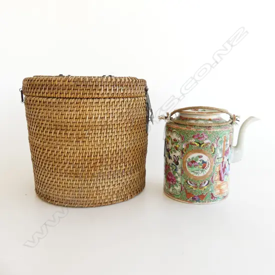 VINTAGE CHINESE FAMILLE ROSE TEAPOT (REPAIRS) IN WOVEN CANE CASE H.210mm