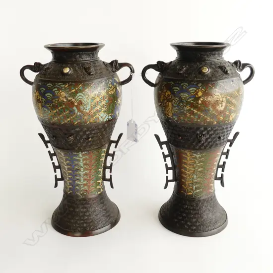 PR LARGE ORIENTAL BRONZE & ENAMEL VASES H.300mm