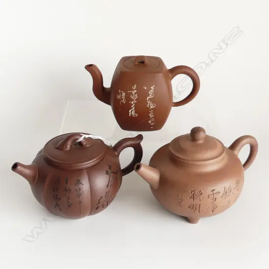 3 YIXING WARE TEAPOTS w. CALLIGRAPHY DECORATION 110mm dia