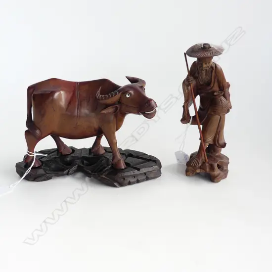CARVED WOODEN ORIENTAL OXEN AND PEASANT H 200 MM