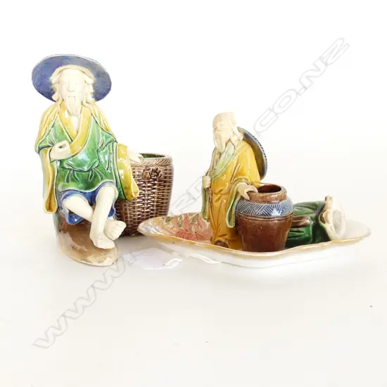 THREE CHINESE 'MUD MEN' AND DOULTON BURSLEM PIN DISH one faulted