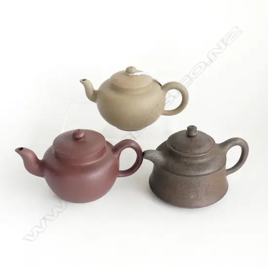 3 YIXING WARE TEAPOTS 120mm dia