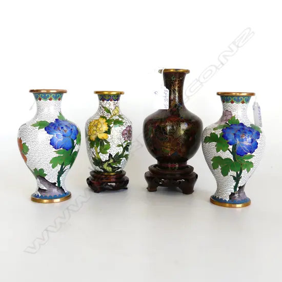 4 CLOISONNE VASES, 1 PAIR (H.155mm), WHITE ONE DENT, OTHER DARK COLORWAY ON STAND (H. 150mm) & WHITE WITH BIRD,H. 130mm