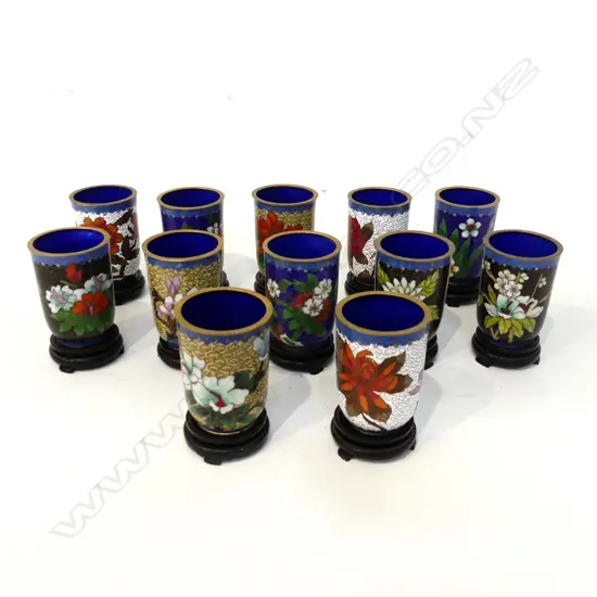 SET 12 SM CLOISONNE VASES, EACH WITH WOODEN STAND H. 87mm