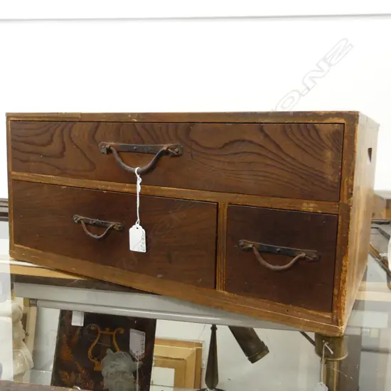 OLD JAPANESE small low TANSU COLLECTORS/BEDSIDE CABINET 3 drawer H.235mm.