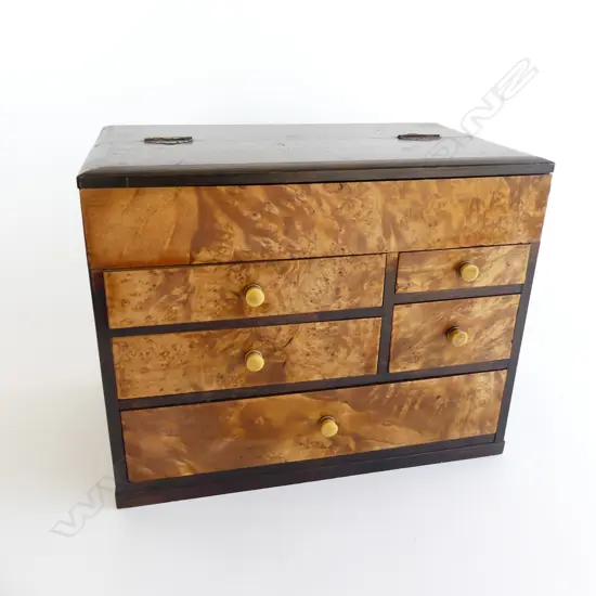 1970’S JAPANESE  SEWING BOX 5 drawer with burr veneer H 260mm