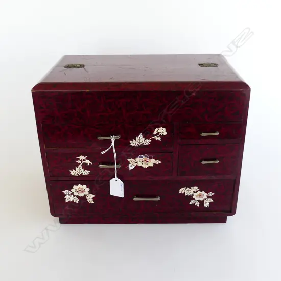 1970’S JAPANESE SEWING BOX  5 drawer stippled red & black lacquer decorative MOP floral inlay H 260mm