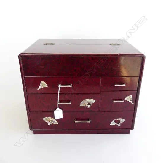 1970’S JAPANESE SEWING BOX  5 drawer red & black stippled lacquer with MOP fan design highlights  some faults H270mm