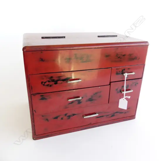 1970’S JAPANESE SEWING BOX 5 drawer red & black lacquer H260mm