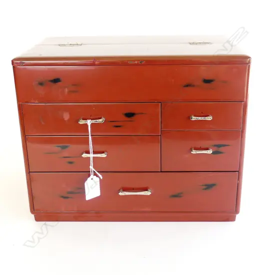 1970’S JAPANESE SEWING BOX  5 drawer red & black lacquer H250mm
