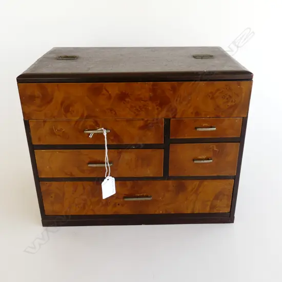 1970’S JAPANESE SEWING BOX  5 drawer with burr veneer H 260mm