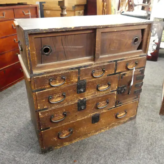 OLD JAPANESE TANSU COLLECTORS/BEDSIDE CABINET 6 drawer 3 door minor faults H.655mm.