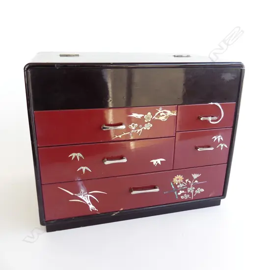 1970’S JAPANESE  SEWING BOX  5 drawer red & black lacquer with MOP type highlights H270mm