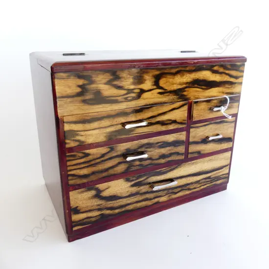 1970’S JAPANESE SEWING BOX 5 drawer red lacquer & tiger wood H250mm