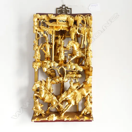 A CARVED WOODEN GILDED ORIENTAL TEMPLE PANEL H 340 MM