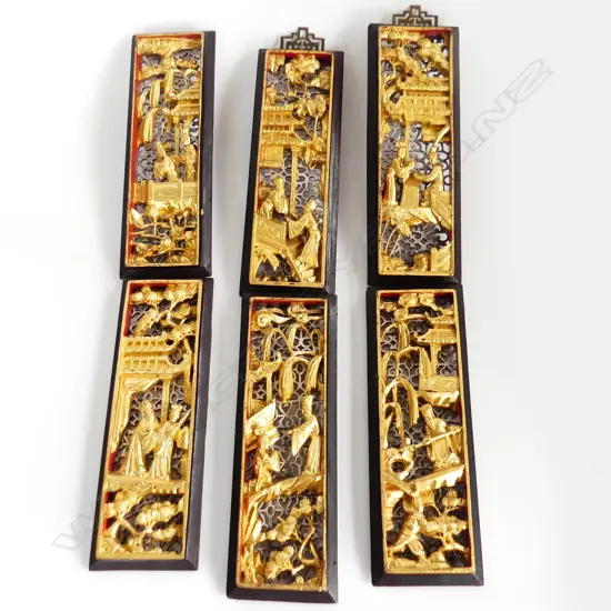 6 CHINESE CARVED WOODEN GILDED TEMPLE PANELS H 300 MM