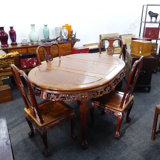 CHINESE CARVED DINING TABLE w. 1 LEAF & 4 CHAIRS 1100mm dia