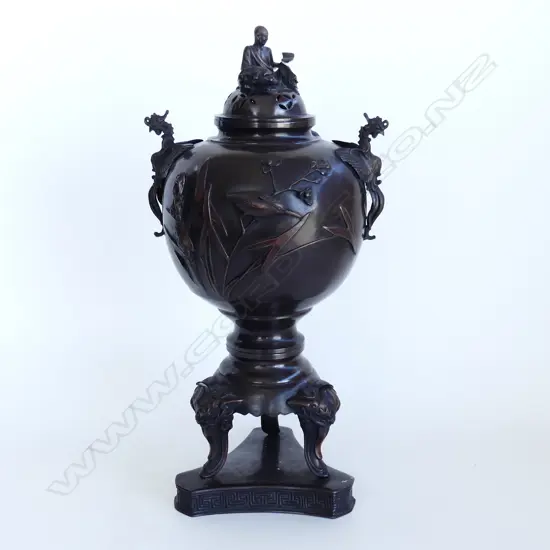 JAPANESE BRONZE 3 PART URN w. PHOENIX HANDLES H.430mm