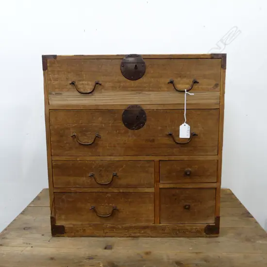 OLD JAPANESE small TANSU COLLECTORS/BEDSIDE CABINET 6 drawer bronze handles H.465mm.
