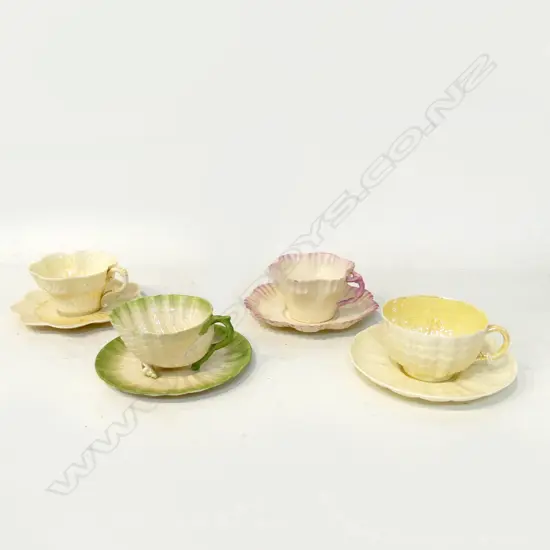 4 BELLEEK BLACK LABEL CUP & SAUCERS