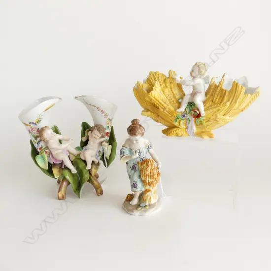 2 ANTIQUE PORCELAIN DOUBLE-VASES H.200mm + GIRL w. WHEAT H.170mm