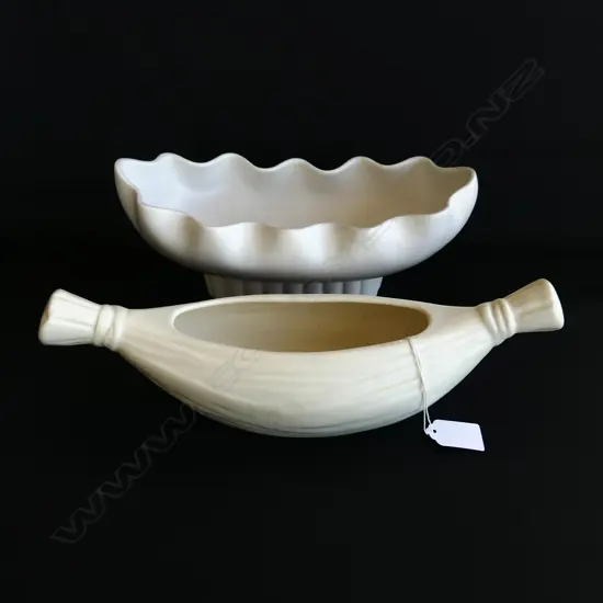 CROWN LYNN WHITE VASE NO. 507 (L 320mm) & ROYDON POTTERY WHITE VASE (L. 285mm)