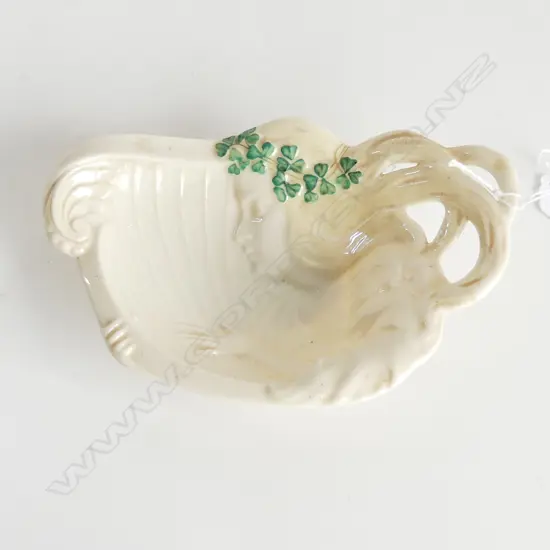 BELLEEK DISH; CELTIC WOMAN WITH HARP & CLOVER, 2nd BLACK STAMP 1891-1926 L. 170mm